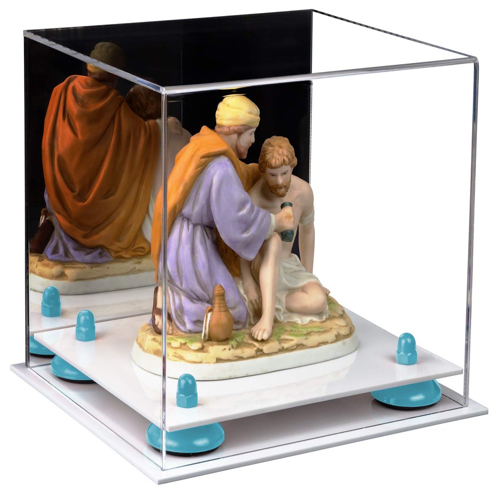 Better Display Cases Versatile Acrylic Display Case - Small Rectangle Box with Mirror, Light Blue Risers and White Base 8.75" x 7.75" x 7" (A006-BLR)