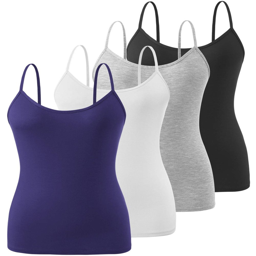 Air Curvey 4 Pack Camisole Tops for Women Basic Undershirt Tanks Adjustable Spaghetti Straps Camis Seamless Soft Layering Top Black Grey White Dark Blue M