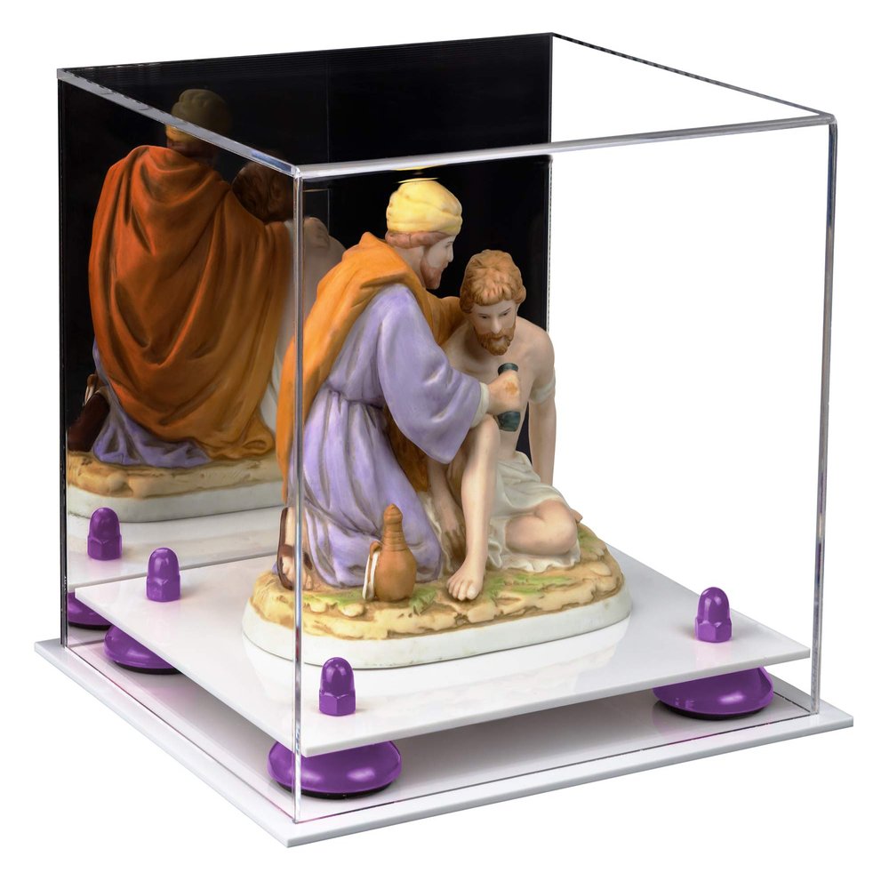 Better Display Cases Versatile Acrylic Display Case - Small Rectangle Box with Mirror, Purple Risers and White Base 8.75" x 7.75" x 7" (A006-PR)