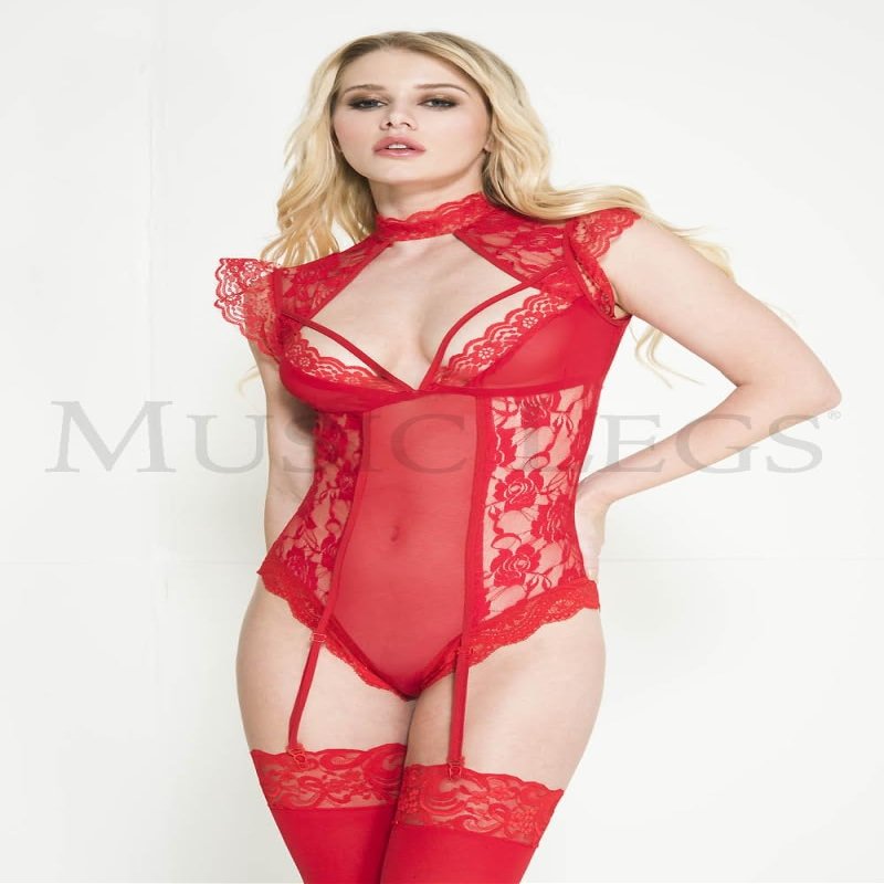 Lace Strappy Cups Teddy with Attached Garter Belts, lace Side Panels and high Neck line Red