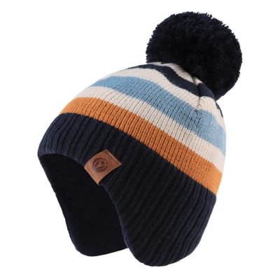 JANGANNSA Knitted Baby Hat Scarf Set Winter Warm Boys Girls Beanie Fleece Lining Toddler Kids Hats with Pompom (Navy Striped Hat, S)