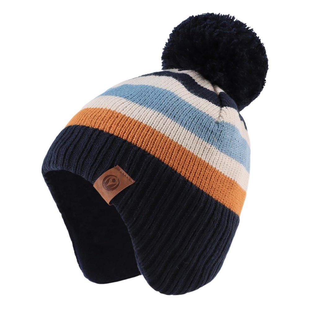 JANGANNSA Knitted Baby Hat Scarf Set Winter Warm Boys Girls Beanie Fleece Lining Toddler Kids Hats with Pompom (Navy Striped Hat, S)