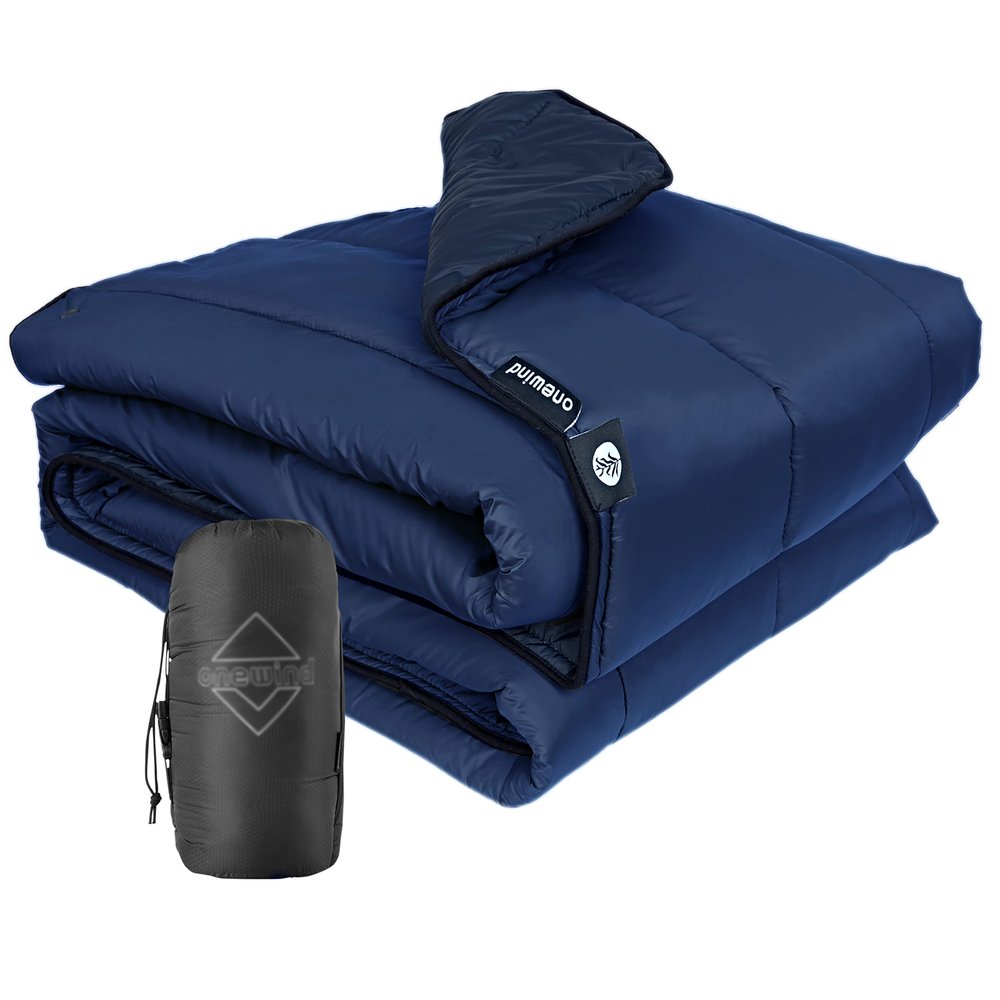 onewind Camping Blanket, Recycled Nylon Fabric Dupont Sorona Fillings, Warm, Puffy, Breathable, Windproof, Packable, Lightweight Camping Quilt for Outdoor Hiking Backpacking Travel Beach, Navy Blue