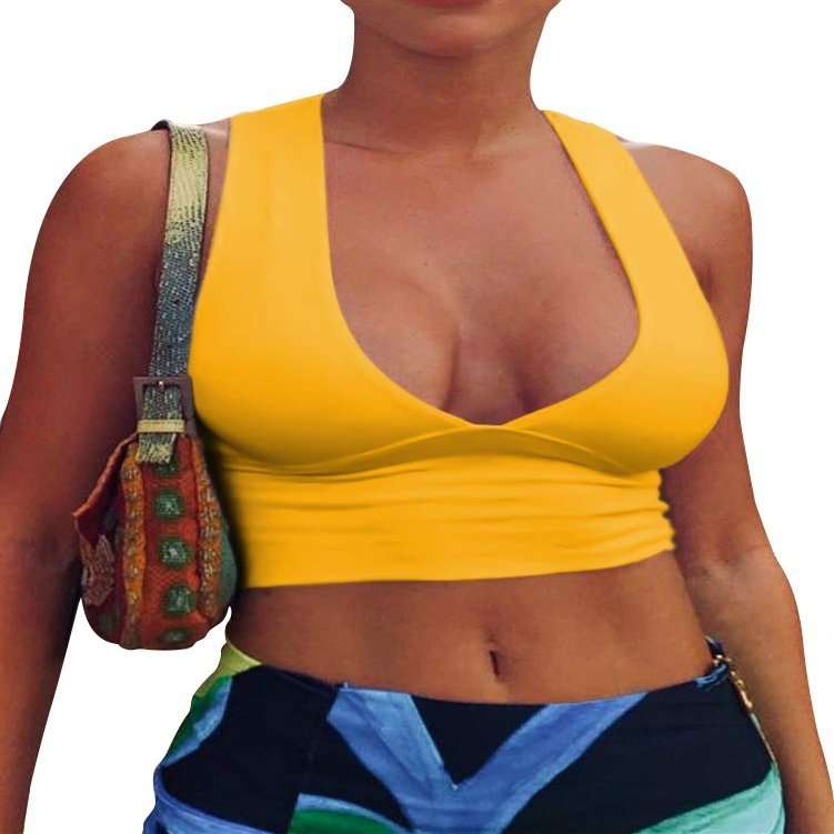 AEPEBO Sexy Crop Tops for Women Deep V Neck Back Cutout Sleeveless Plunge Racerback Tank Cropped Top Yellow S