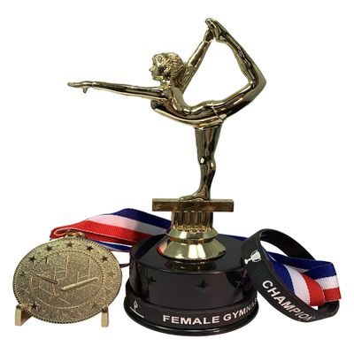 12 Pack of Female Gymnastics Trophy Award Packs That Include Matching Wrist Bands and Gold Medals with Neck Ribbons