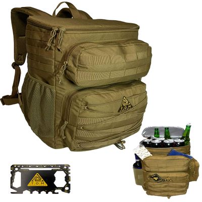 Cooler Backpack, Tactical, Insulated. Heavy Duty, Extra Large, Leak Proof for Hiking, Camping, Beach. Bonus, Credit Card Multi Tool Included (Khaki)