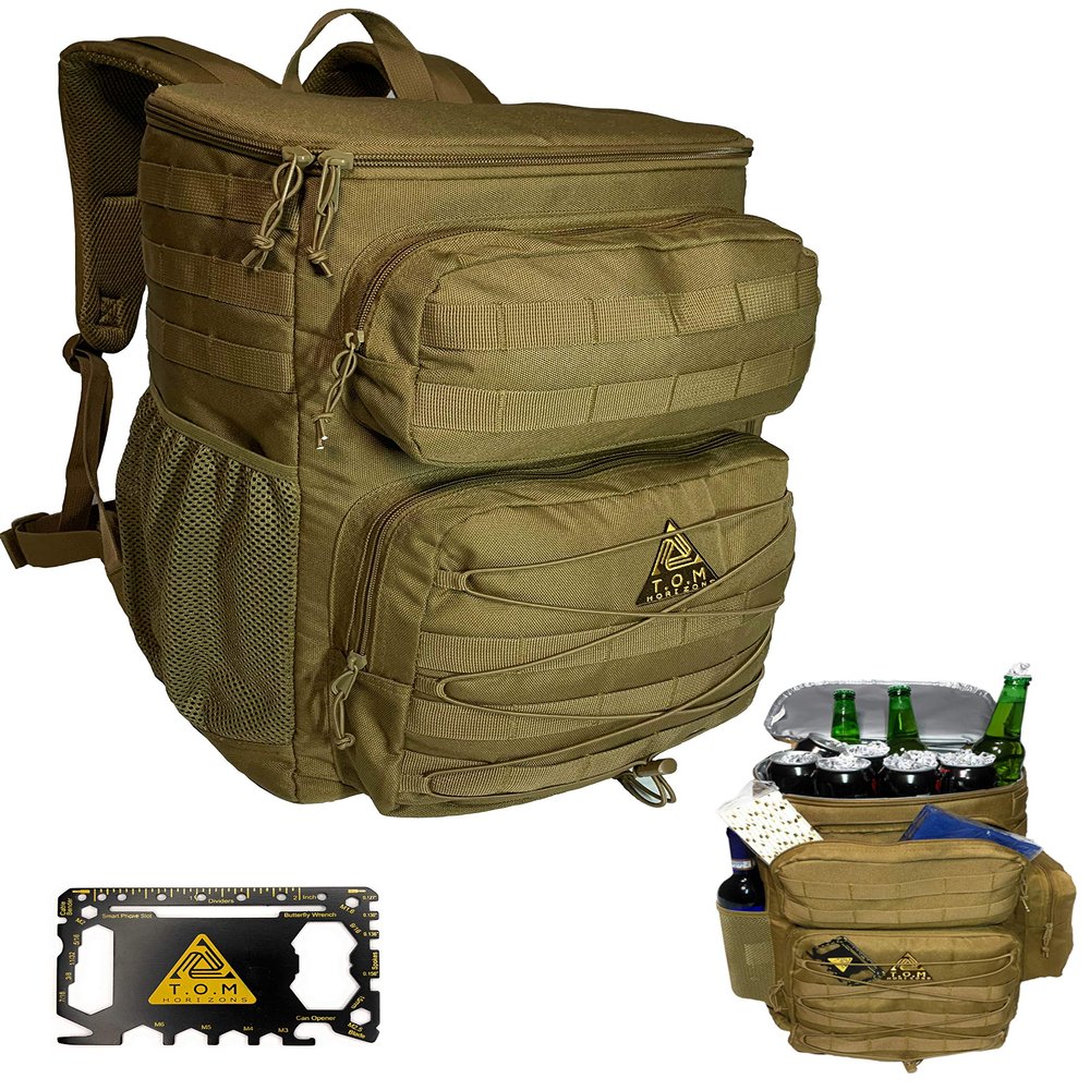 Cooler Backpack, Tactical, Insulated. Heavy Duty, Extra Large, Leak Proof for Hiking, Camping, Beach. Bonus, Credit Card Multi Tool Included (Khaki)