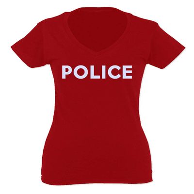 0187. Police Officer Costume Support Blue Lives Sheriff Patriotic for Women V Neck Fitted T Shirt (Red, Small)