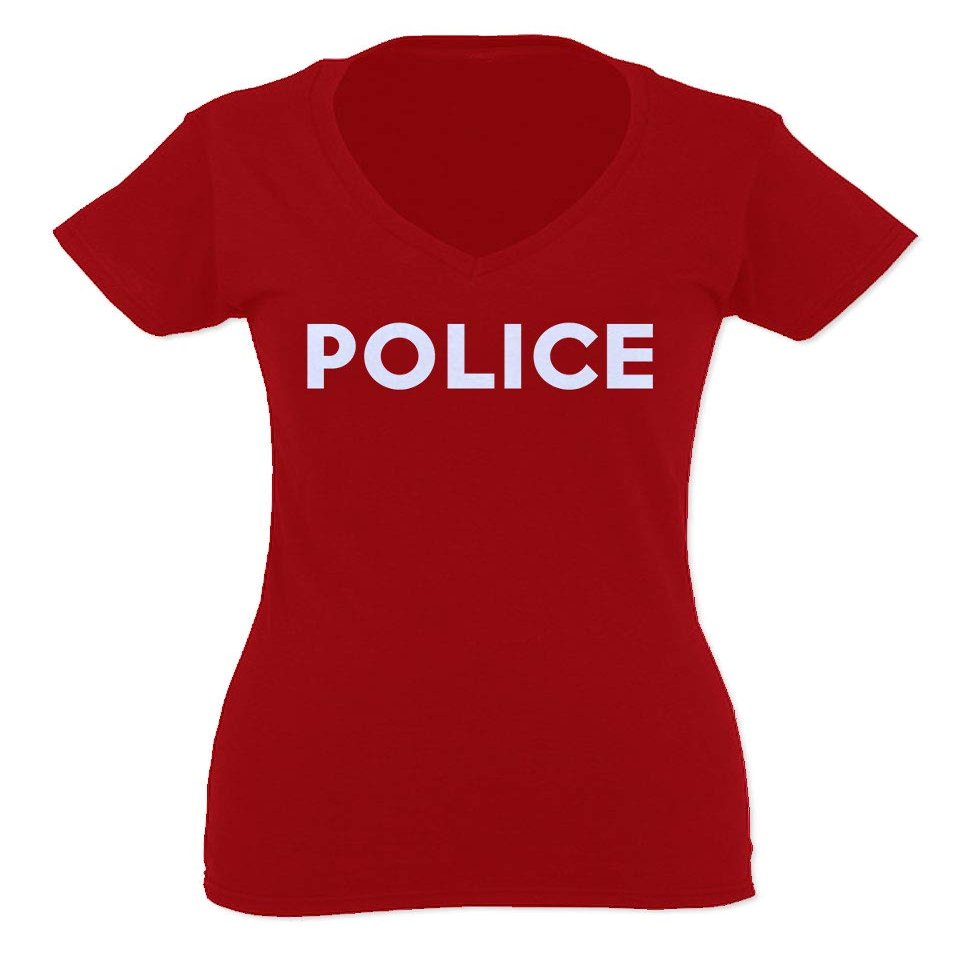 0187. Police Officer Costume Support Blue Lives Sheriff Patriotic for Women V Neck Fitted T Shirt (Red, Small)