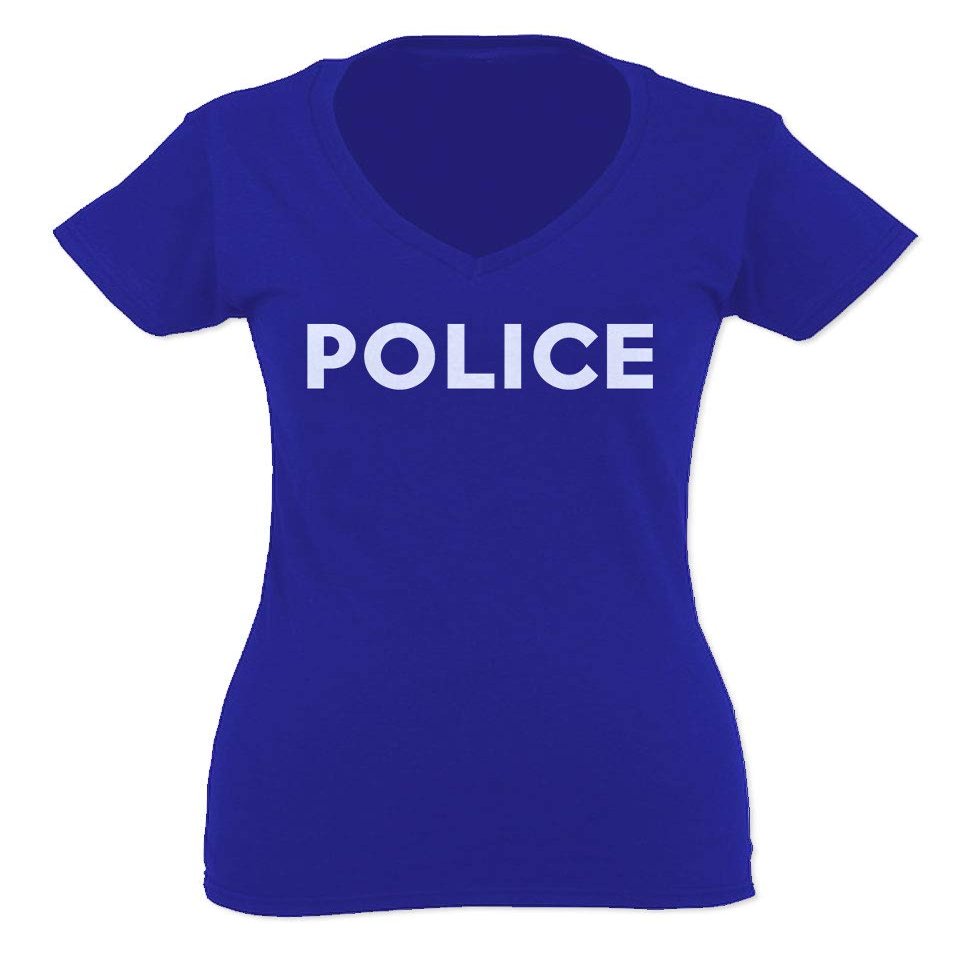 0187. Police Officer Costume Support Blue Lives Sheriff Patriotic for Women V Neck Fitted T Shirt (Royal X Small)