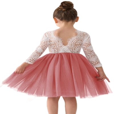 2Bunnies Girl Peony Lace Back A-Line Straight Tutu Tulle Party Flower Girl Dress (Dusty Rose Sleeve Short, 7/8)