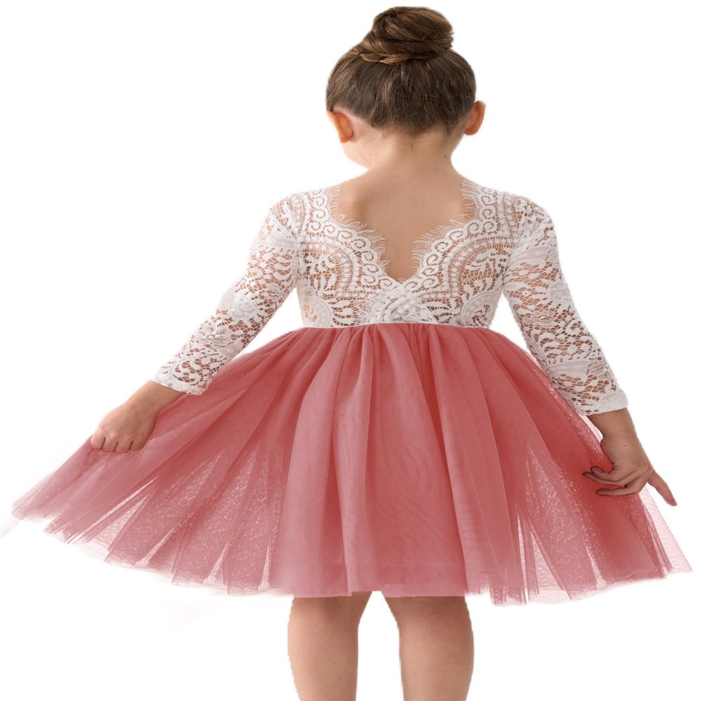 2Bunnies Girl Peony Lace Back A-Line Straight Tutu Tulle Party Flower Girl Dress (Dusty Rose Sleeve Short, 7/8)