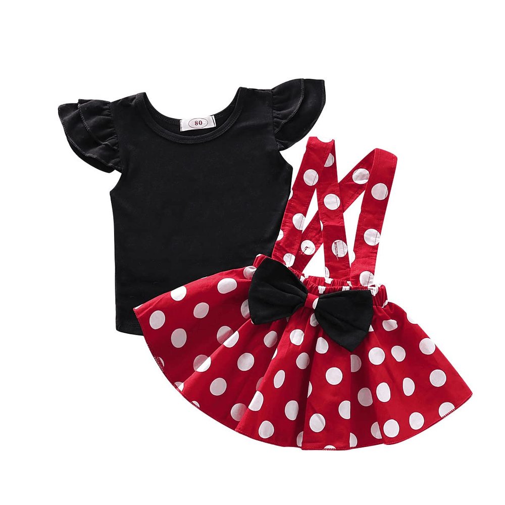 Aoty Baby Girls Skirts Set Ruffle Cloth +Polka Dot Overall Dress Bow Polka Dot Skirt Set, Short Sleeve, Black,18-24 Months