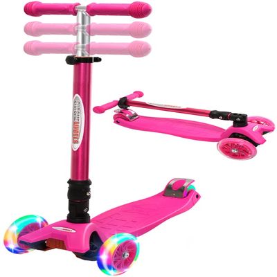 ChromeWheels Foldable Scooters for Kids, Deluxe Kick Scooter 4 Adjustable Height 132lbs Weight Limit 3 Wheel, Lean to Steer LED Light Up Wheels, Best Gifts for Girls Boys Age 3-12 Year Old, Pink