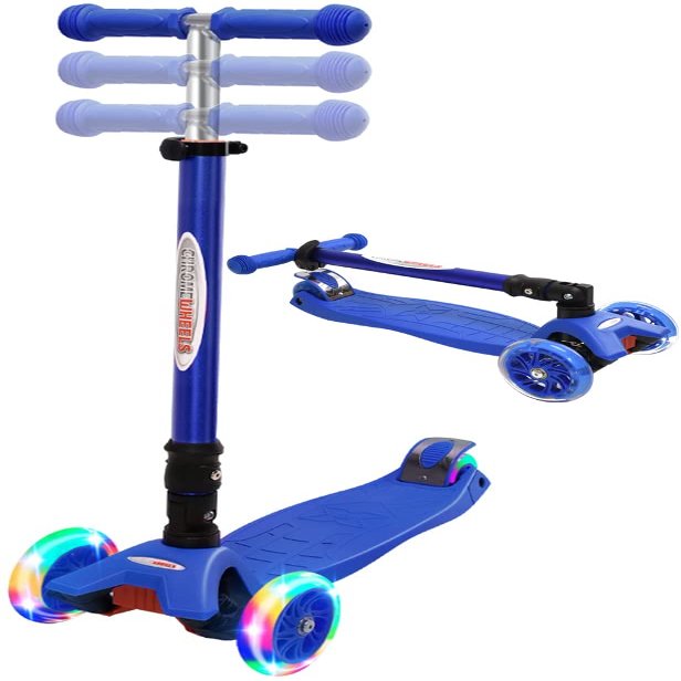 ChromeWheels Foldable Scooters for Kids, Deluxe Kick Scooter 4 Adjustable Height 132lbs Weight Limit 3 Wheel, Lean to Steer LED Light Up Wheels, Best Gifts for Girls Boys Age 3-12 Year Old, Blue