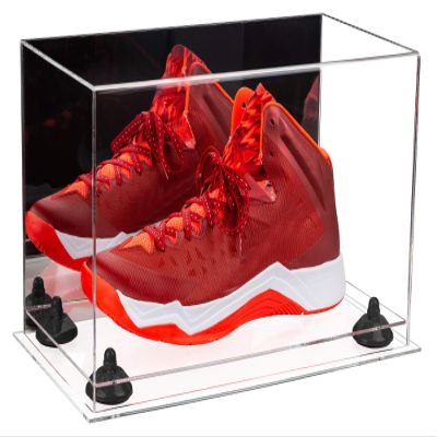 Better Display Cases Acrylic Large Shoe Display Case for Basketball Shoe Soccer Cleat Football Cleat with Mirror, Black Risers and Clear Base (A013-BR)