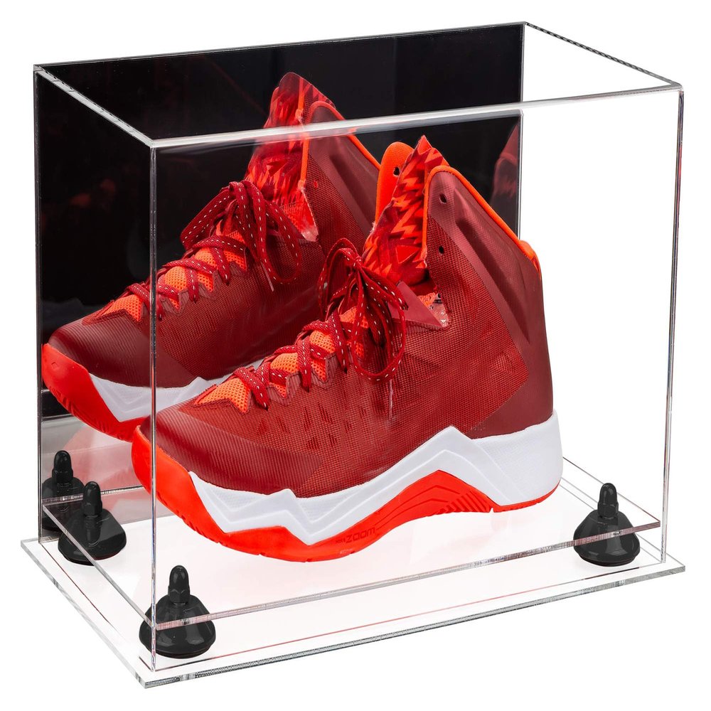 Better Display Cases Acrylic Large Shoe Display Case for Basketball Shoe Soccer Cleat Football Cleat with Mirror, Black Risers and Clear Base (A013-BR)