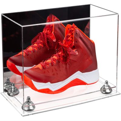 Better Display Cases Acrylic Large Shoe Display Case for Basketball Shoe Soccer Cleat Football Cleat with Mirror, Silver Risers and Clear Base (A013-SR)