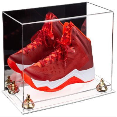 Better Display Cases Acrylic Large Shoe Display Case for Basketball Shoe Soccer Cleat Football Cleat with Mirror, Gold Risers and Clear Base (A013-GR)