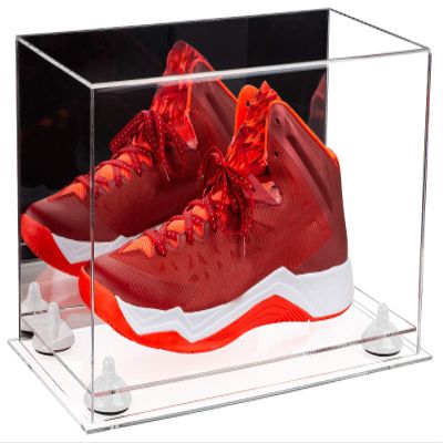 Better Display Cases Acrylic Large Shoe Display Case for Basketball Shoe Soccer Cleat Football Cleat with Mirror, White Risers and Clear Base (A013-WR)