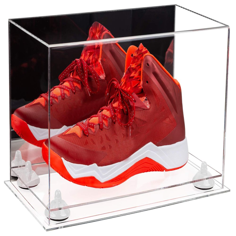 Better Display Cases Acrylic Large Shoe Display Case for Basketball Shoe Soccer Cleat Football Cleat with Mirror, White Risers and Clear Base (A013-WR)