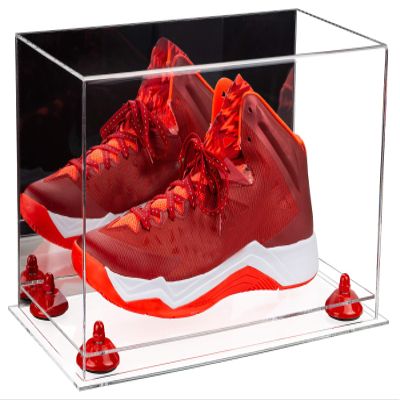 Better Display Cases Acrylic Large Shoe Display Case for Basketball Shoe Soccer Cleat Football Cleat with Mirror, Red Risers and Clear Base (A013-RR)