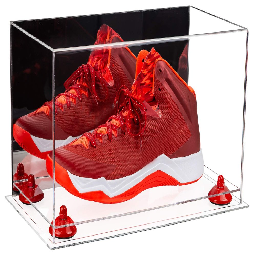 Better Display Cases Acrylic Large Shoe Display Case for Basketball Shoe Soccer Cleat Football Cleat with Mirror, Red Risers and Clear Base (A013-RR)