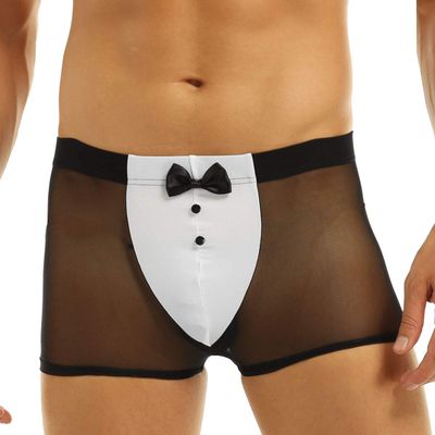 renvena Sexy Men's Tuxedo Costume Mesh See Through Boxer Briefs Waiter Cosplay Underwear Black Sheer Mesh Medium