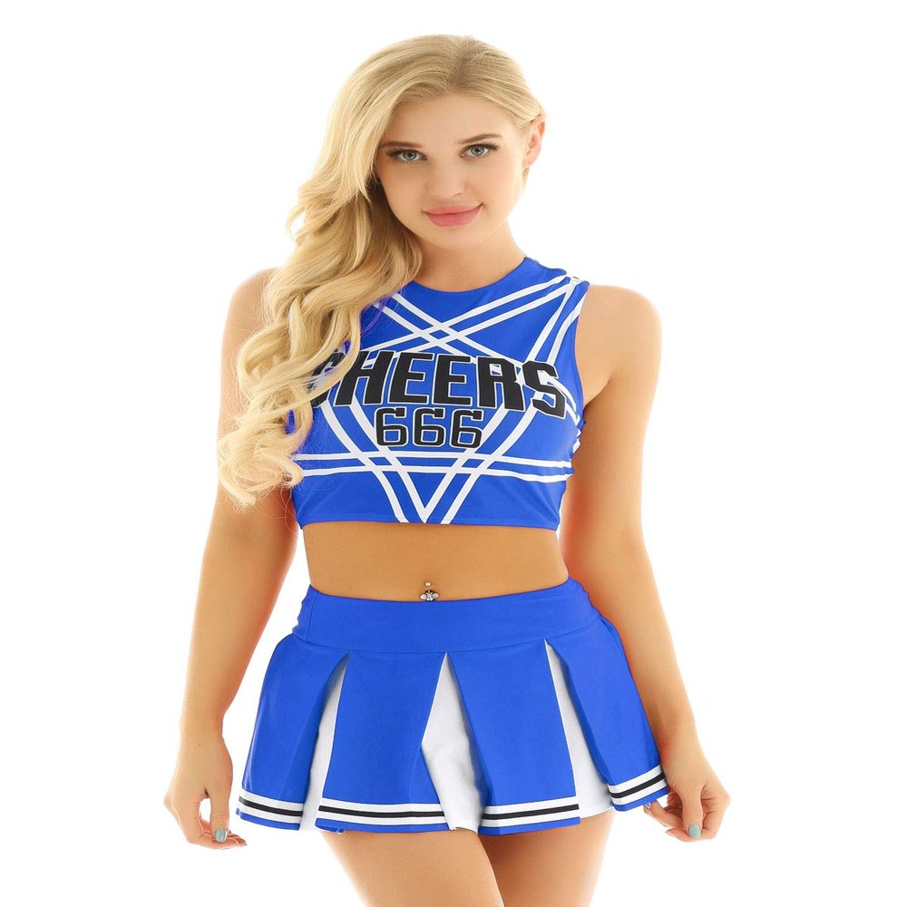 Moily Women's Schoolgirls Athletic Sports Uniform Musical Party Teams Rave Dance 2Pcs Fancy Dress Blue Small