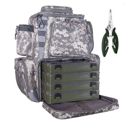 etacklepro Fishing Backpack Waterproof Tackle Bag with Protective Rain Cover Includes 4 Tackle Boxes Stainless Steel Fishing Pliers and Lanyard - Digital Camo