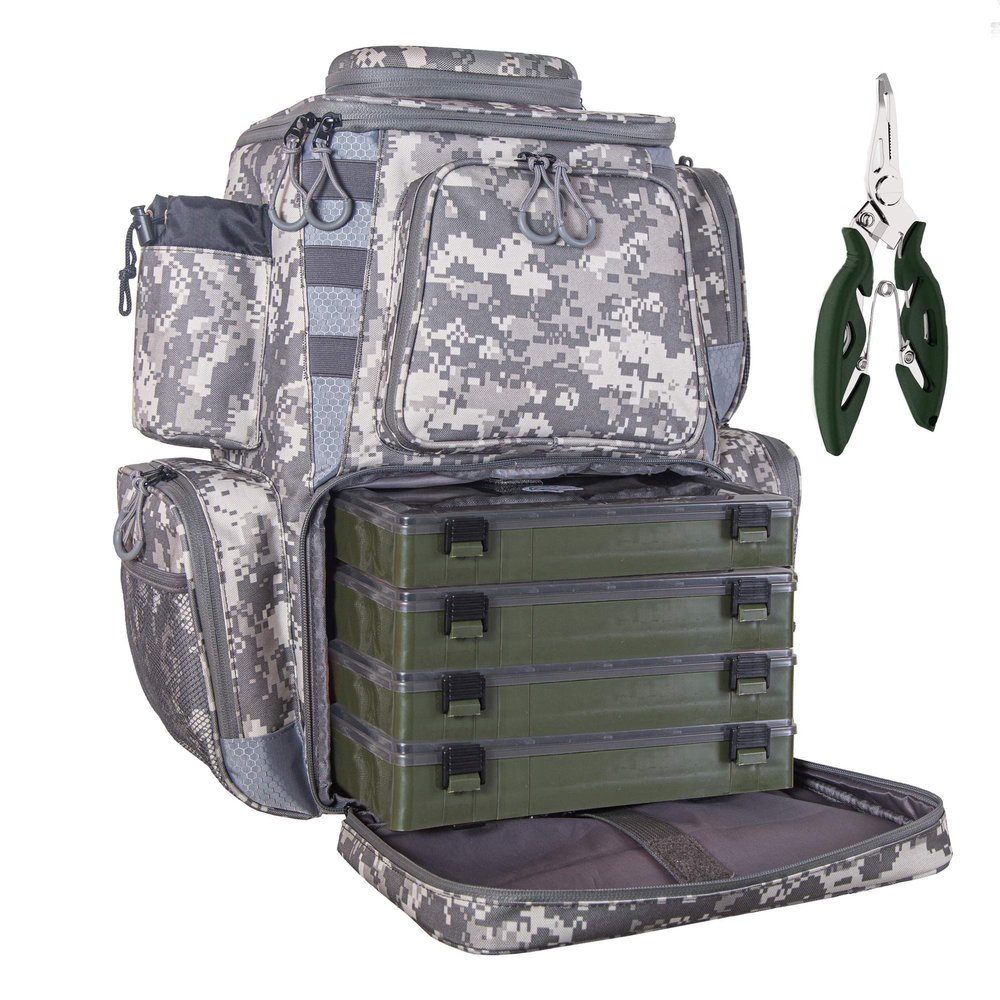 etacklepro Fishing Backpack Waterproof Tackle Bag with Protective Rain Cover Includes 4 Tackle Boxes Stainless Steel Fishing Pliers and Lanyard - Digital Camo