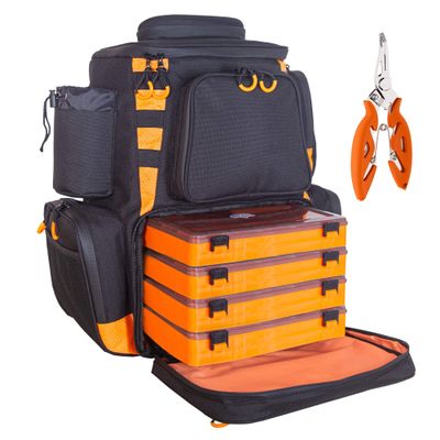 etacklepro Fishing Backpack Waterproof Tackle Bag with Protective Rain Cover Includes 4 Tackle Boxes Stainless Steel Fishing Pliers and Lanyard - Black Orange