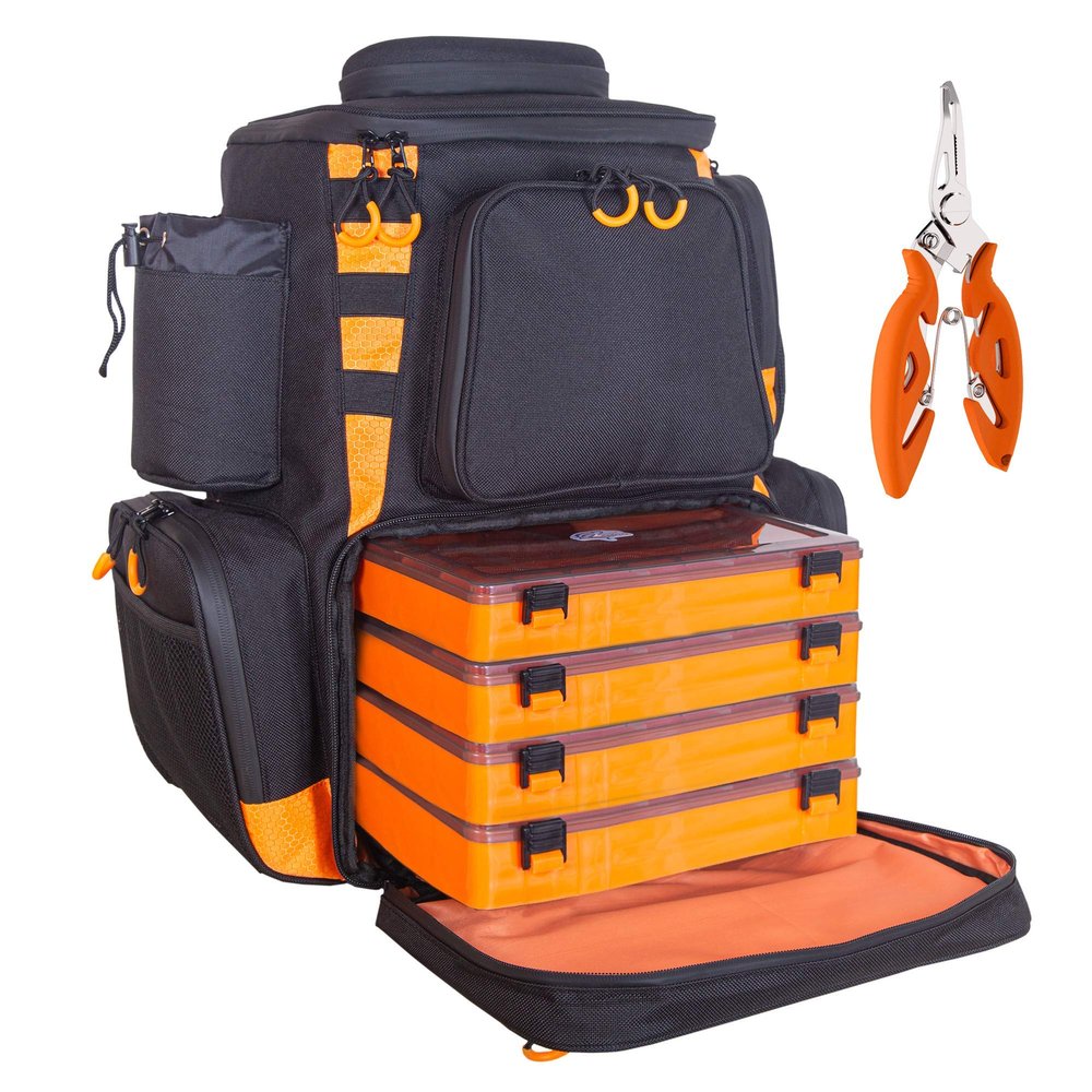 etacklepro Fishing Backpack Waterproof Tackle Bag with Protective Rain Cover Includes 4 Tackle Boxes Stainless Steel Fishing Pliers and Lanyard - Black Orange