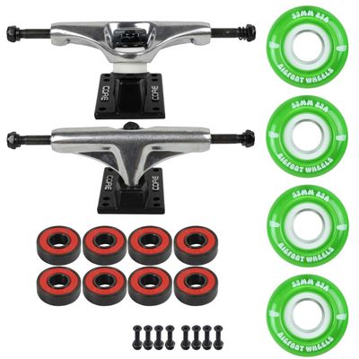 Skateboard Cruiser Trucks and Wheels Package 83A Soft Wheels - ABEC 5 Bearings (53mm 83A Green, Core 5.0" Silver (7.75"))