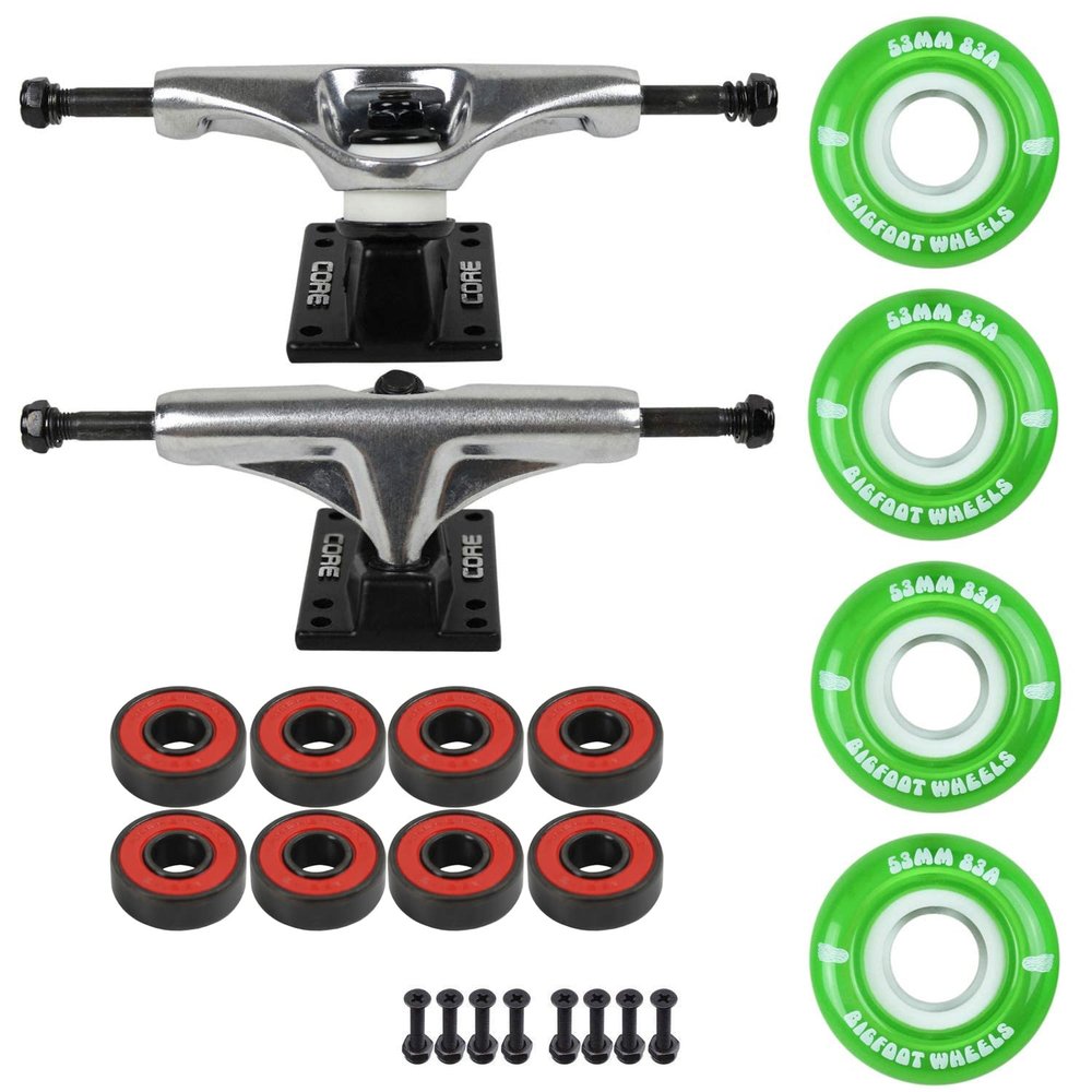 Skateboard Cruiser Trucks and Wheels Package 83A Soft Wheels - ABEC 5 Bearings (53mm 83A Green, Core 5.0" Silver (7.75"))