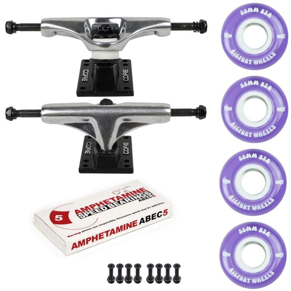 Skateboard Cruiser Trucks and Wheels Package 83A Soft Wheels - ABEC 5 Bearings (55mm 83A Purple, Core 4.75" Silver (7.25"))