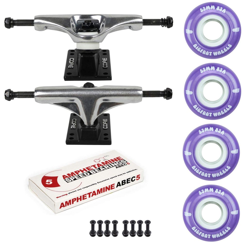 Skateboard Cruiser Trucks and Wheels Package 83A Soft Wheels - ABEC 5 Bearings (53mm 83A Purple, Core 5.0" Silver (7.75"))