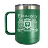 Flanagan Irish Coat of Arms Stainless Steel Green Travel Mug with Handle view 1