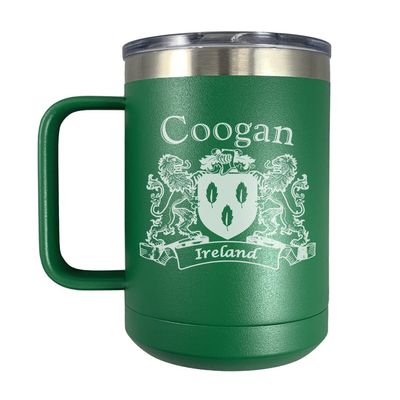 Coogan Irish Coat of Arms Stainless Steel Green Travel Mug with Handle