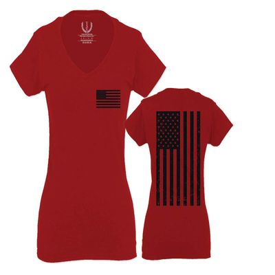 0021. Vintage American Flag United States of America Military us USA Patriotic Style for Women V Neck Fitted T Shirt (Red, X Small)