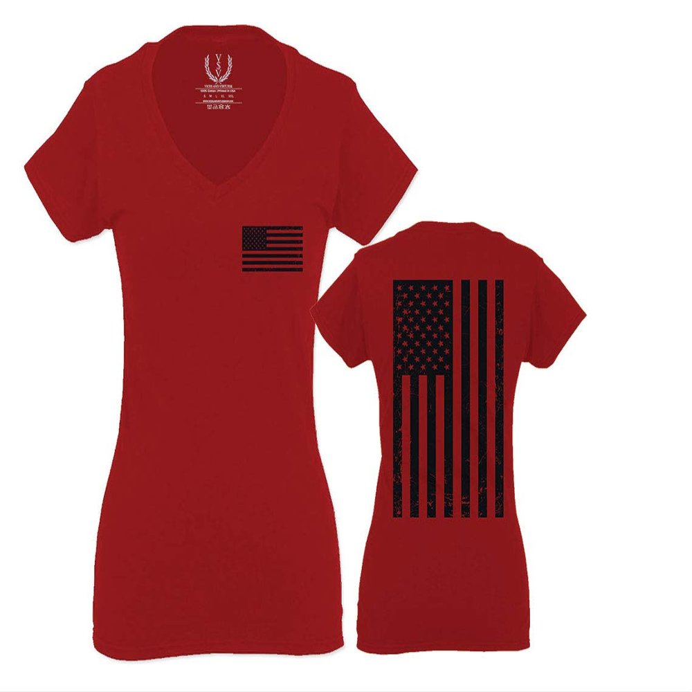 0021. Vintage American Flag United States of America Military us USA Patriotic Style for Women V Neck Fitted T Shirt (Red, X Small)