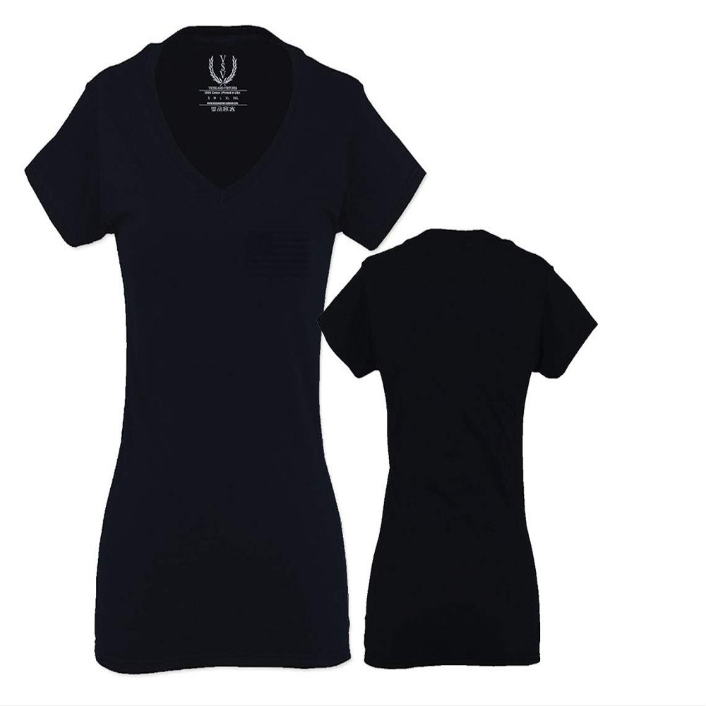 0021. Vintage American Flag United States of America Military us USA Patriotic Style for Women V Neck Fitted T Shirt (Black, X Small)