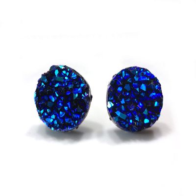 12mm Faux Druzy Stud Earrings - Stainless Steel Posts for Sensitive Ears Boho Chic Sparkly Glitter Studs (Navy Blue Aqua)