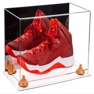Better Display Cases Acrylic Large Shoe Display Case for Basketball Shoe Soccer Cleat Football Cleat with Mirror, Orange Risers and Clear Base (A013-OR)