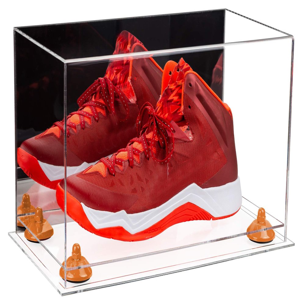 Better Display Cases Acrylic Large Shoe Display Case for Basketball Shoe Soccer Cleat Football Cleat with Mirror, Orange Risers and Clear Base (A013-OR)