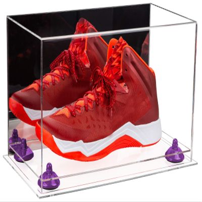 Better Display Cases Acrylic Large Shoe Display Case for Basketball Shoe Soccer Cleat Football Cleat with Mirror, Purple Risers and Clear Base (A013-PR)