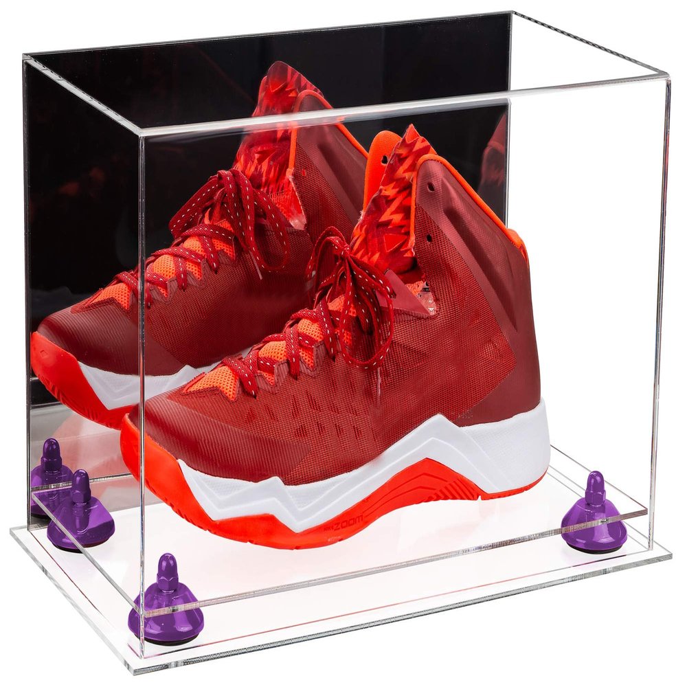 Better Display Cases Acrylic Large Shoe Display Case for Basketball Shoe Soccer Cleat Football Cleat with Mirror, Purple Risers and Clear Base (A013-PR)