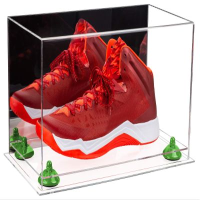 Better Display Cases Acrylic Large Shoe Display Case for Basketball Shoe Soccer Cleat Football Cleat with Mirror, Green Risers and Clear Base (A013-GRR)