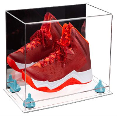 Better Display Cases Acrylic Large Shoe Display Case for Basketball Shoe Soccer Cleat Football Cleat with Mirror, Light Blue Risers and Clear Base (A013-BLR)