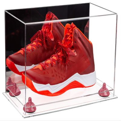 Better Display Cases Acrylic Large Shoe Display Case for Basketball Shoe Soccer Cleat Football Cleat with Mirror, Pink Risers and Clear Base (A013-PNR)